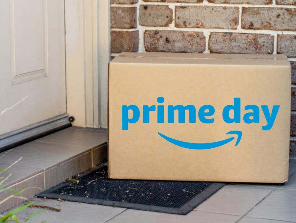 brown box package in front of door step with Amazon Prime Day logo on front