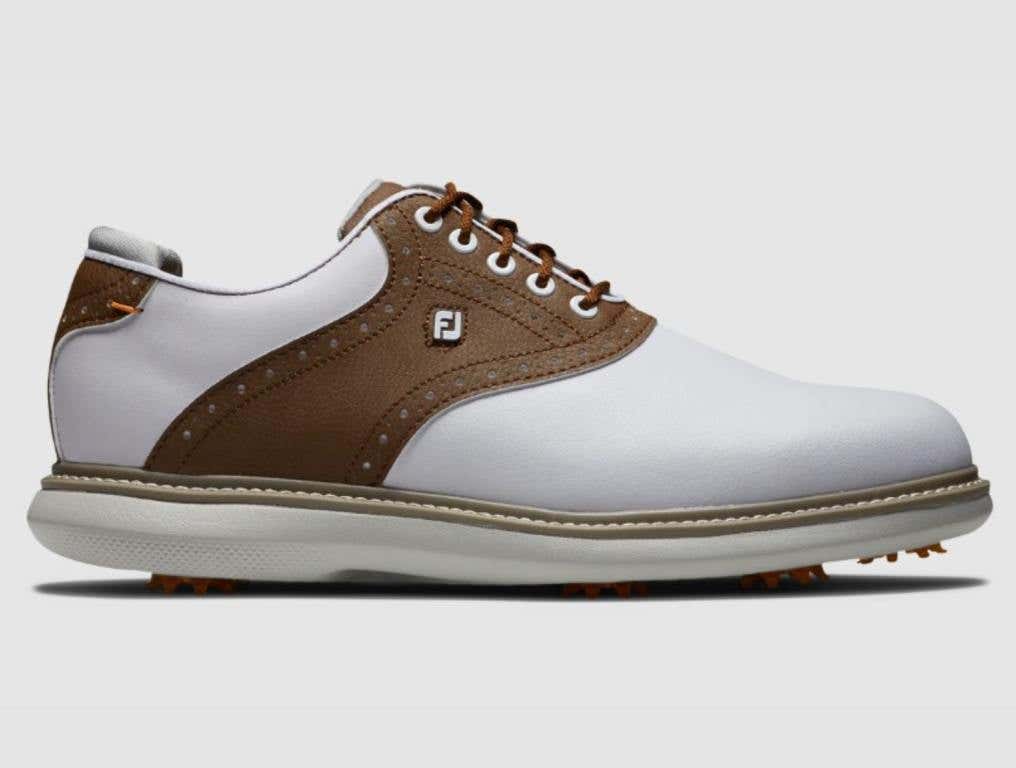 white and brown traditional golf shoe