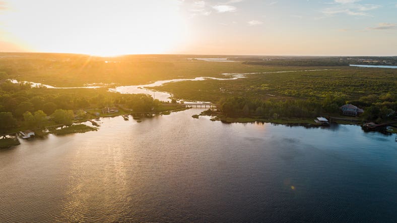 Drone photo over Clermont chain of Lakes in Clermont, FL USA.