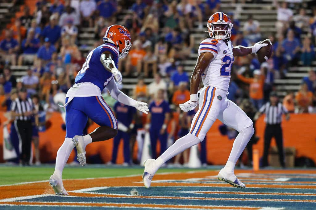 Florida Gators spring game. Kahleil Jackson #22 scores a touchdown