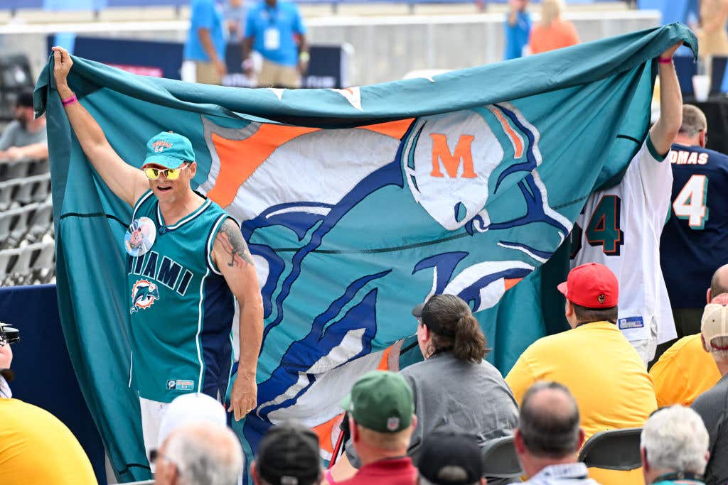 Miami Dolphins fans cheer during the 2023 Pro Football Hall of Fame Enshrinement Ceremony at Tom Benson Hall Of Fame Stadium