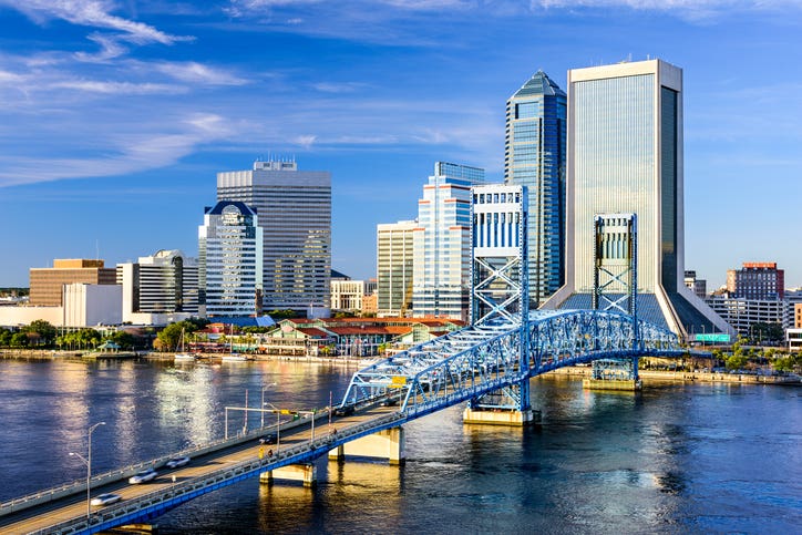 Jacksonville, Florida, USA downtown city skyline on St. Johns River.