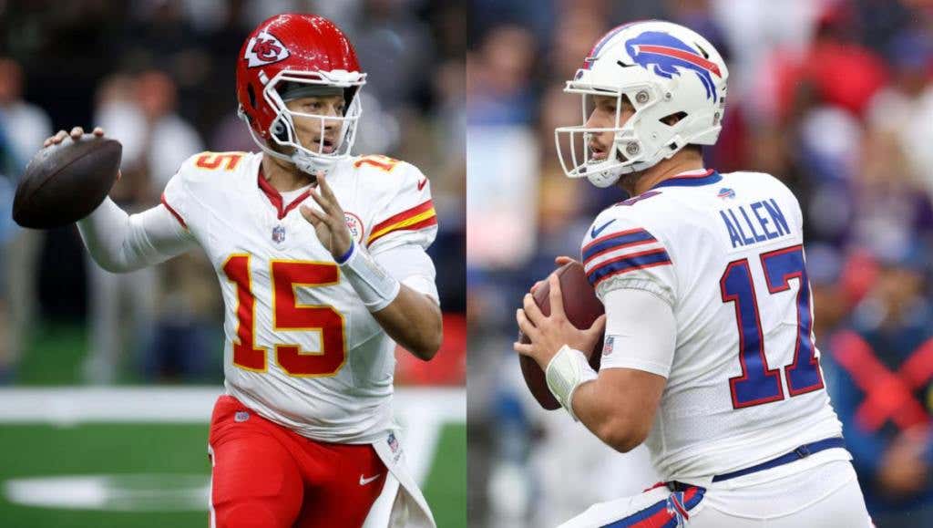 Patrick Mahomes of the Chiefs about to throw a football and Josh Allen of the Bills looking down field. Who are kids favorite Quaterbacks in the NFL today?