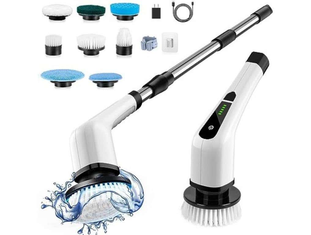 cordless spinning mop and scrub head brush for bathroom with multiple attachments for the head