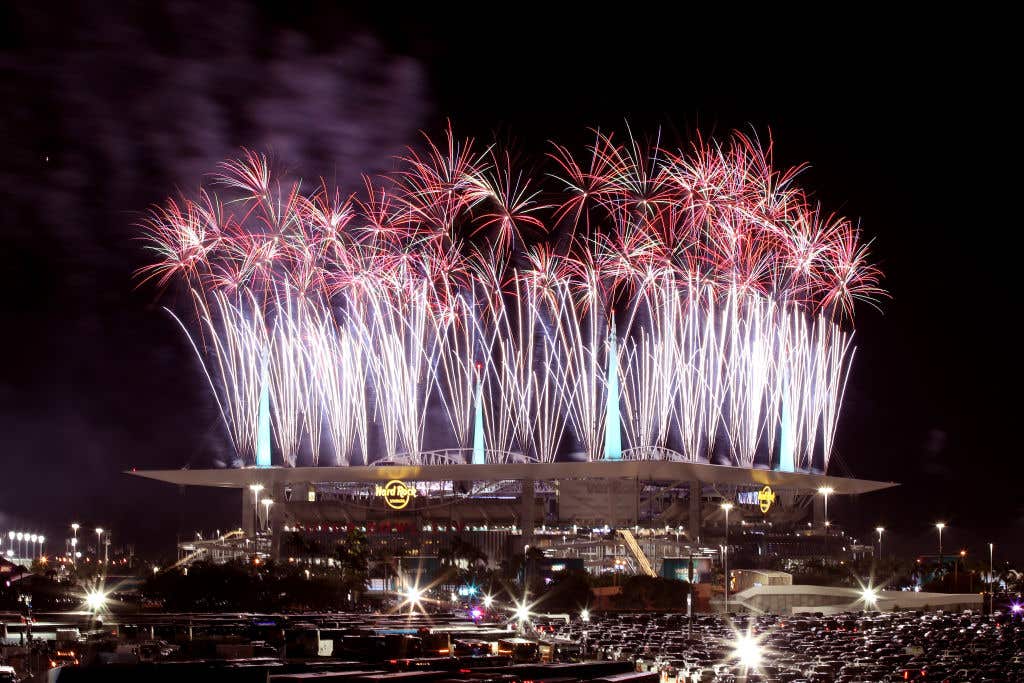 Fireworks erupt during the Pepsi Super Bowl LIV Halftime Show at Hard Rock Stadium on February 02, 2020 in Miami, Florida.