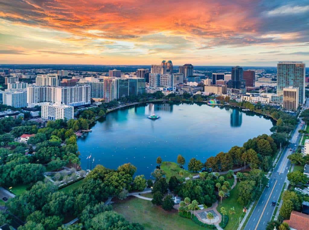 Image of Orlando, Florida, USA Downtown Drone Skyline Aerial.