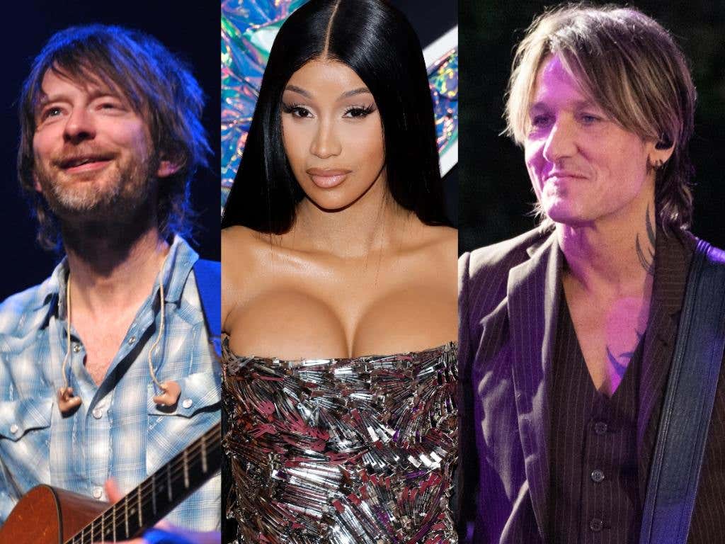 Thom Yorke of Radiohead performs at a benefit concert looking to the left wearing a checkered blue and white shirt, Cardi B attends the 2023 MTV Video Music Awards with her hair parted in the middle wearing a sparkly gown, Keith Urban performs at the 2023 CMT Music Awards smiling looking to the left wearing a v-neck shirt and a leather jacket.