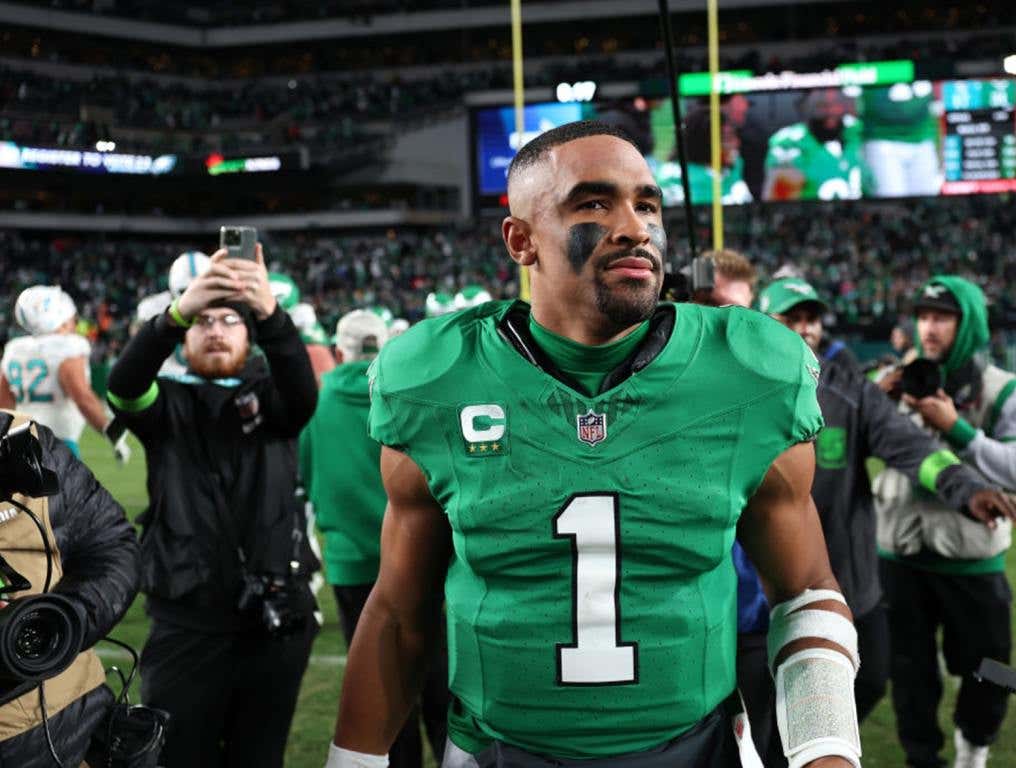 Jalen Hurts #1 of the Philadelphia Eagles leaves the field after defeating the Miami Dolphins 31-17 in a game at Lincoln Financial Field on October 22, 2023 in Philadelphia, Pennsylvania. (Photo by Tim Nwachukwu/Getty Images)