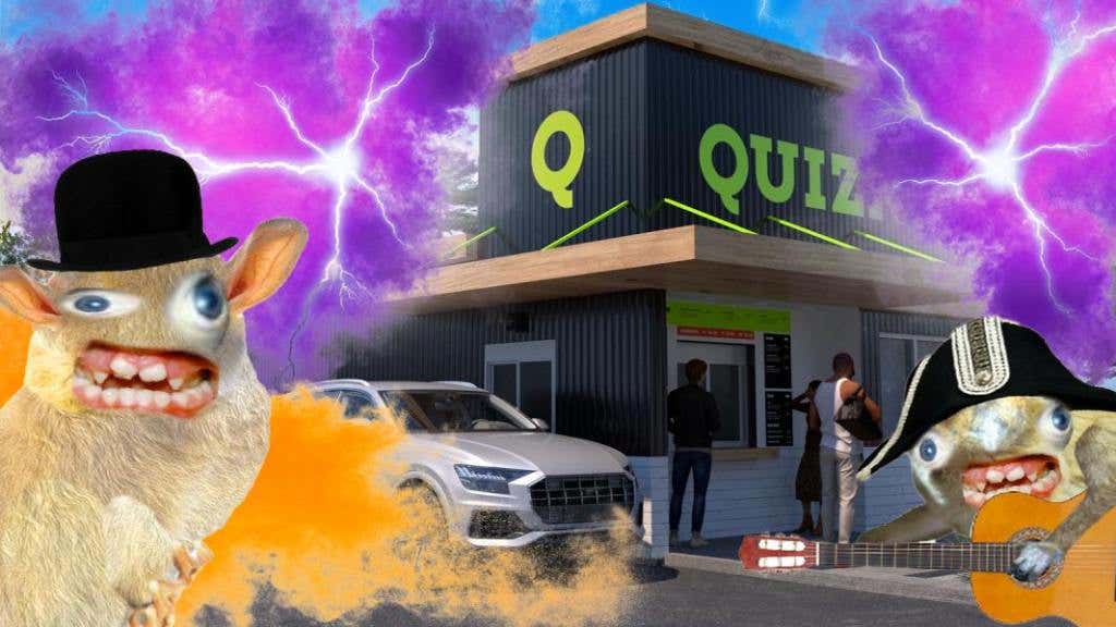 A redesigned Quiznos sandwich store with their spongmonkey mascots overlaying a purple background. Quiznos is making a comeback