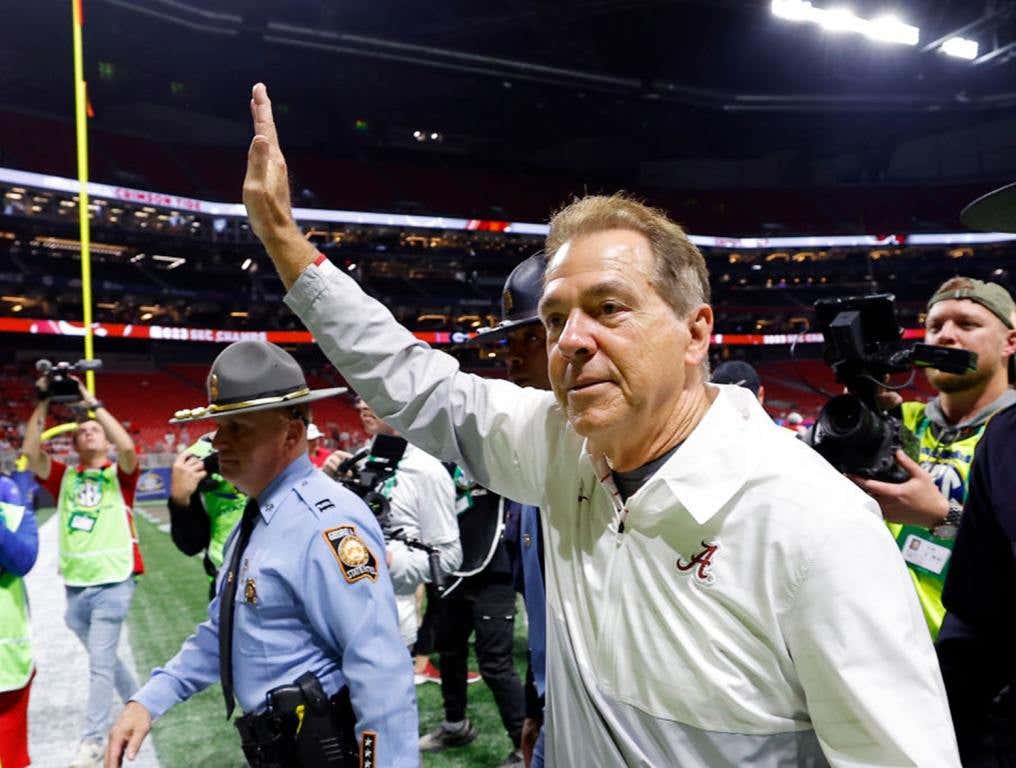 Head coach Nick Saban of the Alabama Crimson Tide celebrates after defeating the Georgia Bulldogs 27-24 in the SEC Championship at Mercedes-Benz Stadium on December 02, 2023 in Atlanta, Georgia.