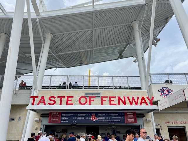 Sign reading Taste of Fenway in orange, outside of baseball stadium. places to eat near JetBlue Park