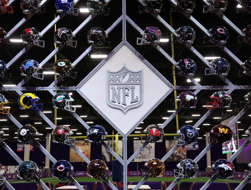 LAS VEGAS, NEVADA - FEBRUARY 06: A general view of NFL logo displayed in the NFL Super Bowl Experience ahead of Super Bowl LVIII on February 06, 2024 in Las Vegas, Nevada. (Photo by Jamie Squire/Getty Images)