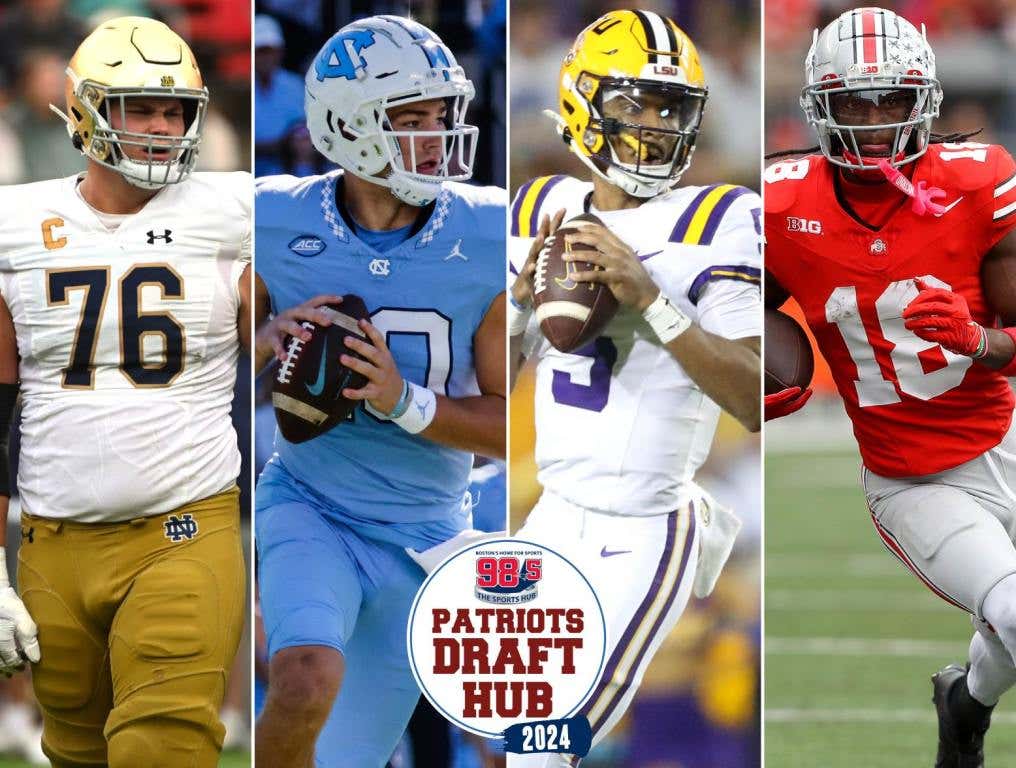 L-R: Notre Dame LT Joe Alt, UNC QB Drake Maye, LSU QB Jayden Daniels, Ohio State WR Marvin Harrison Jr. All four are featured in our first Patriots Mock Draft Mailbag of the year. (USA Today Images)