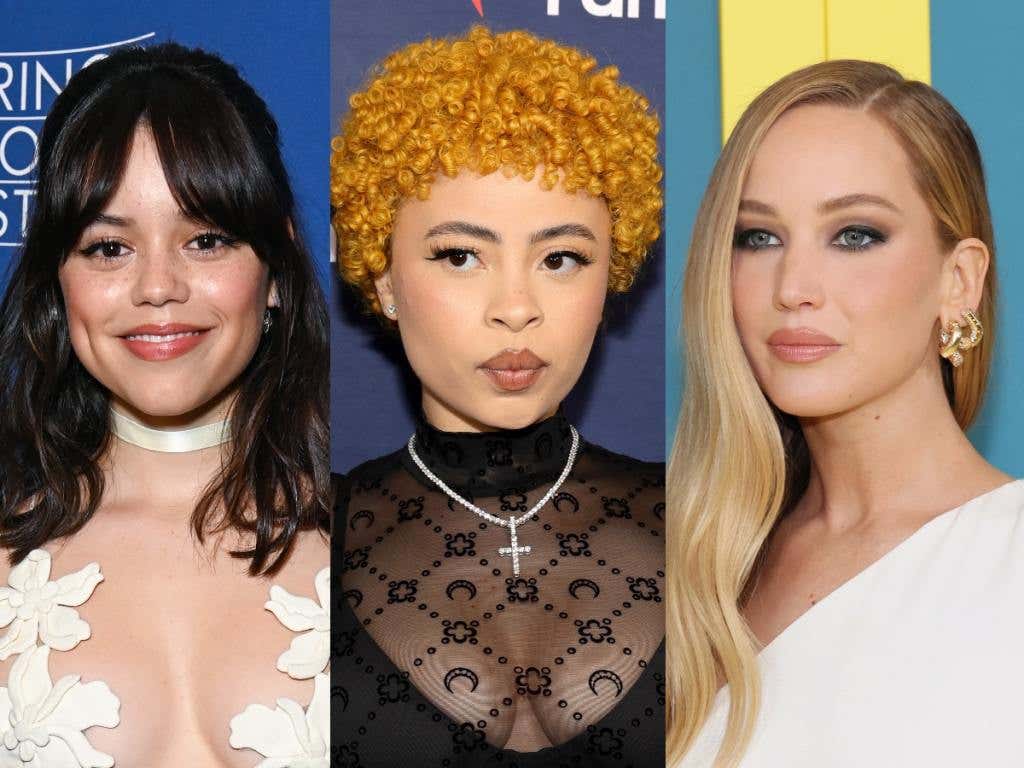 Jenna Ortega attends the screening of "Miller's Girl" smiling wearing a floral white dress and white choker, Ice Spice attends Michael Rubin's Fanatics Super Bowl party making a kiss face wearing a black mesh top over a bra, Jennifer Lawrence attends Sony Pictures' "No Hard Feelings" premiere facing left wearing a white asymmetrical gown, top ten celebrity nudes.