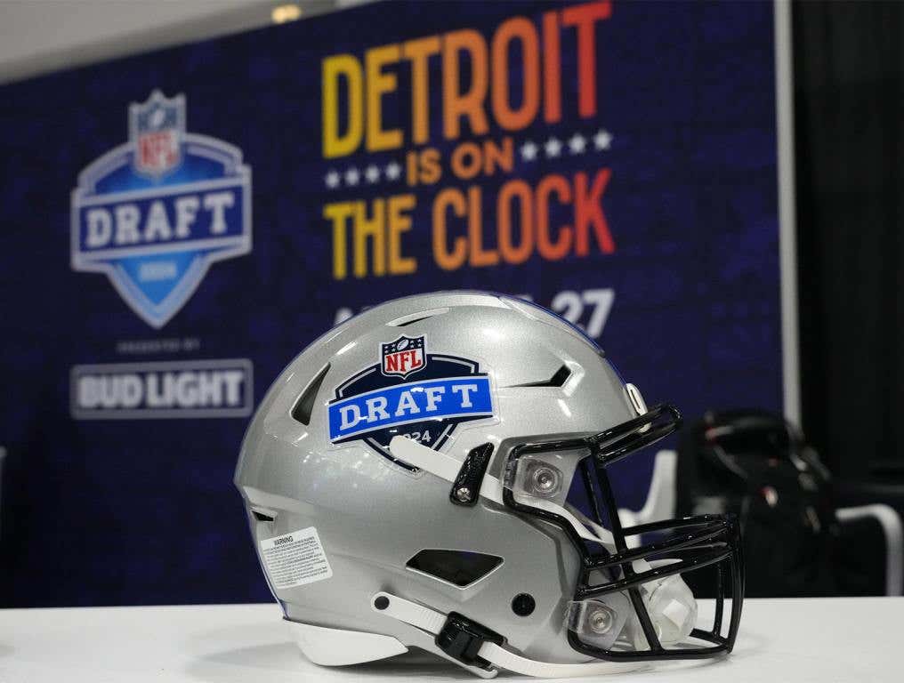 A helmet with the 2024 NFL Draft in Detroit logo at the Super Bowl 58