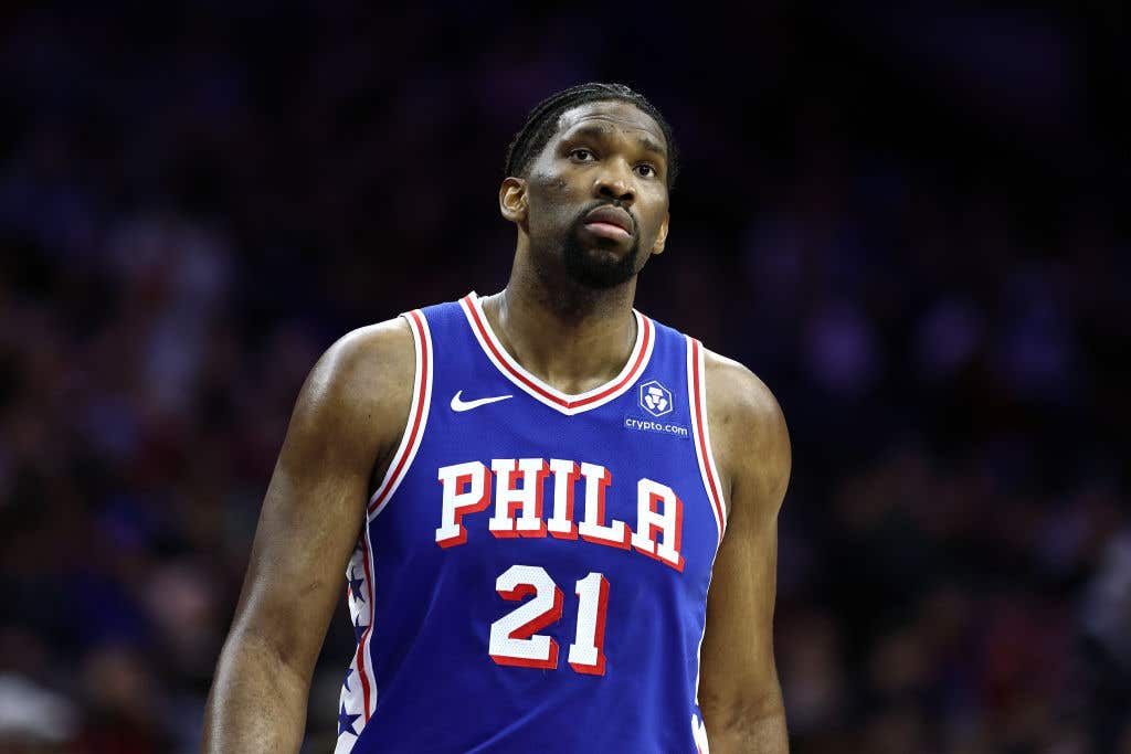 Joel Embiid #21 of the Philadelphia 76ers looks on during the first quarter against the Oklahoma City Thunder at the Wells Fargo Center on April 02, 2024 in Philadelphia, Pennsylvania.