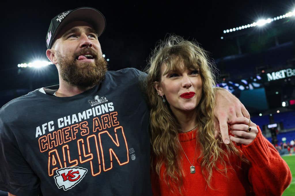 Travis Kelce #87 of the Kansas City Chiefs (L) celebrates with Taylor Swift after defeating the Baltimore Ravens in the AFC Championship Game at M&amp;T Bank Stadium. As it turns out, quite a few wife and girlfriends have more followers than their pro sports men.