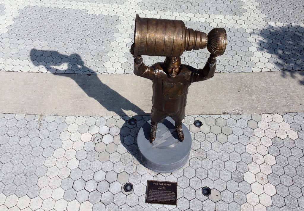 In an aerial view, a statue of Dave Andreychuk commemorating the Tampa Bay Lightning's first Stanley Cup win sits in front of the arena prior to the game against the New York Islanders before Game Two of the Stanley Cup Semifinals during the 2021 Stanley Cup Playoffs at the Amalie Arena