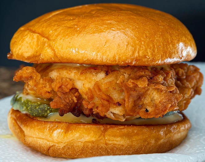 Fried chicken sandwich close up at a most popular chicken sandwich in Florida shop