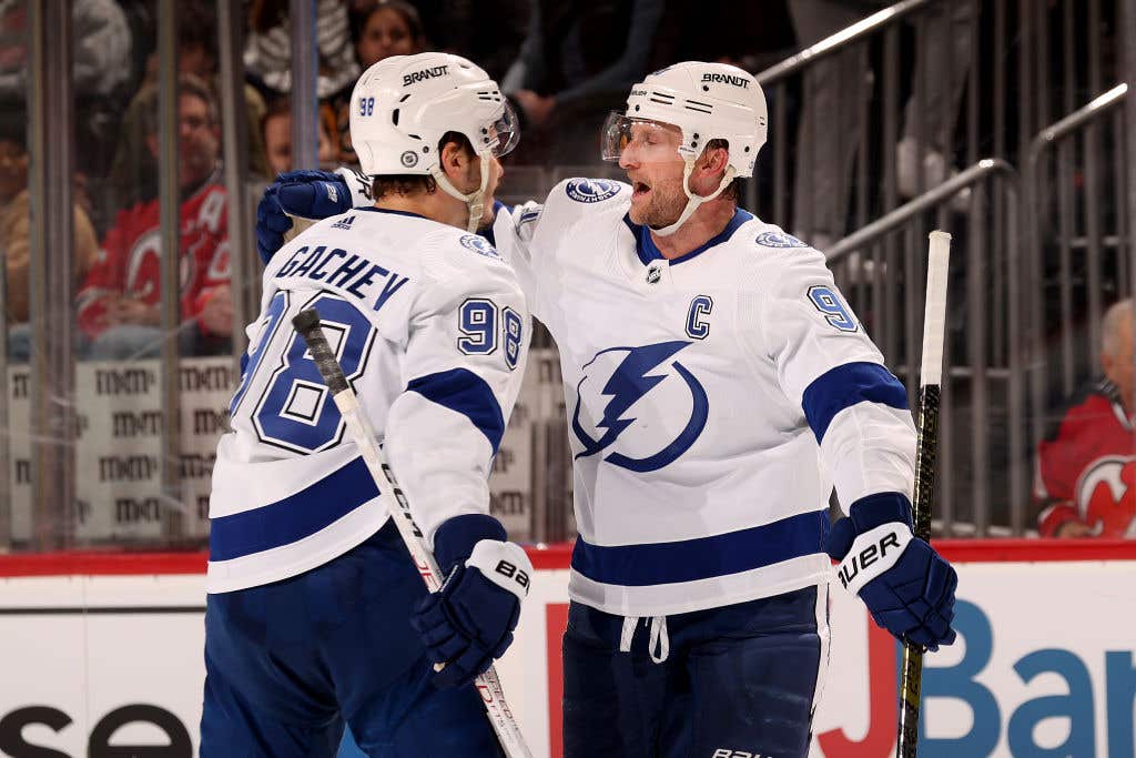 Steven Stamkos #91 of the Tampa Bay Lightning celebrates his goal with teammate Mikhail Sergachev #98 in the third period against the New Jersey Devils at Prudential Center on March 16, 2023 in Newark, New Jersey. The Tampa Bay Lightning defeated the New Jersey Devils 4-3 after a shoot out. The two are not part of Tampa Bay Lightning 2024 plans