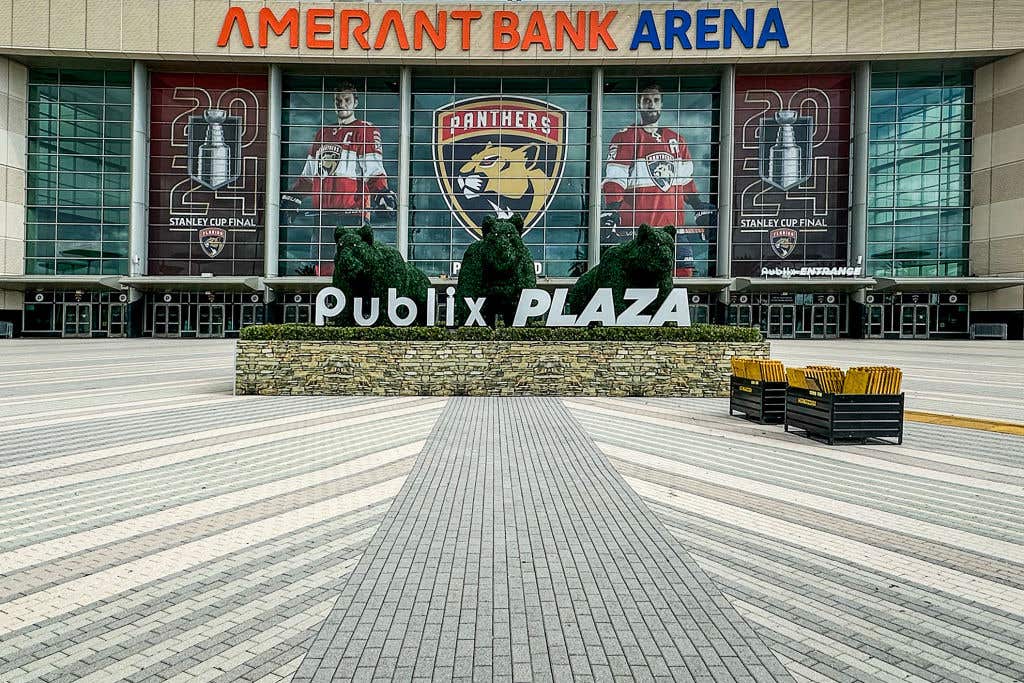 A general view outside Publix Plaza prior to Game One of the 2024 Stanley Cup Final between the Florida Panthers and the Edmonton Oilers at Amerant Bank Arena on June 08, 2024 in Sunrise, Florida. Florida Panthers parking is only $75 this year.