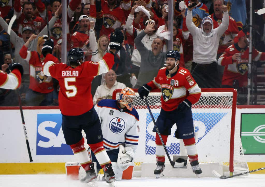 Matthew Tkachuk #19 of the Florida Panthers celebrates his second period goal against the Edmonton Oilers in Game Five of the 2024 Stanley Cup Final at Amerant Bank Arena on June 18, 2024 in Sunrise, Florida.