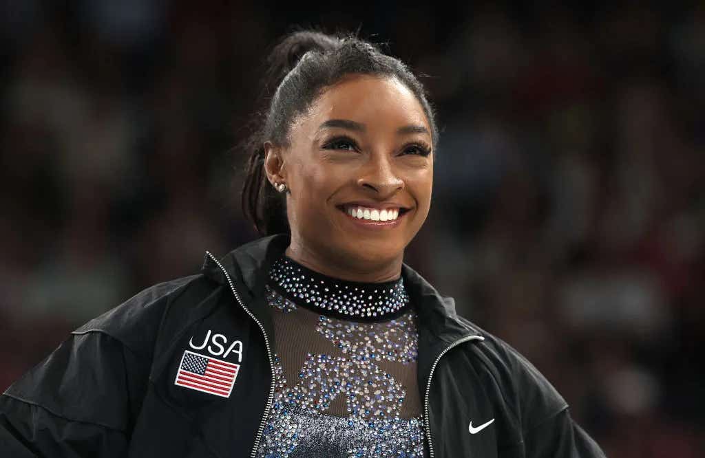 Simone Biles of Team United States looks on as she arrives for the Artistic Gymnastics Women's Qualification on day two of the Olympic Games Paris 2024 at Bercy Arena on July 28, 2024 in Paris, France. What Samone Biles eats obviously helps keep her in tip-top shape, and it's helped propel her during her current run at the Olympics.