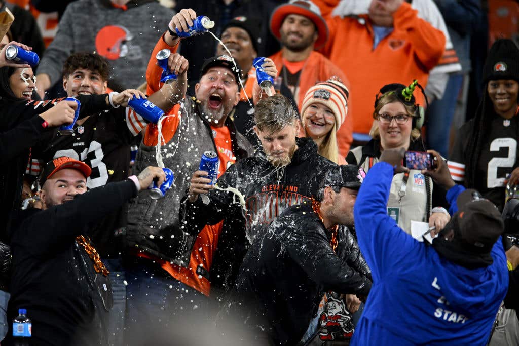 Cleveland Browns fans throw beer during the third quarter of the game against the Cincinnati Bengals at FirstEnergy Stadium on October 31, 2022 in Cleveland, Ohio. Fortunately nfl beer prices have come down since then.