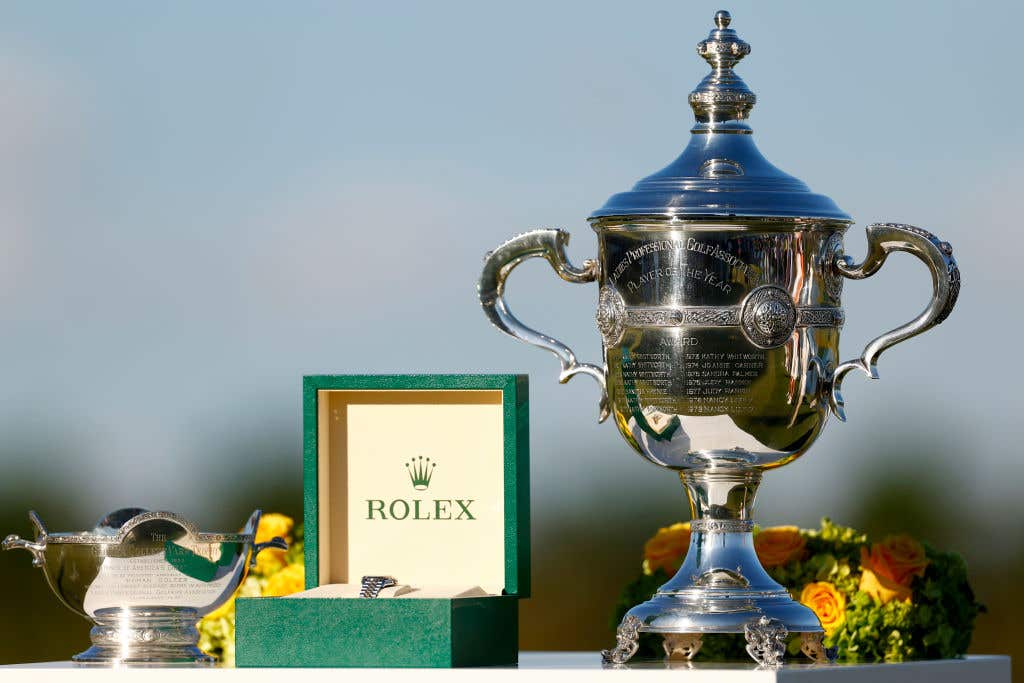 A detailed view of the Vare trophy, a Rolex and the Rolex Player of the Year trophy is seen during the final round of the CME Group Tour Championship at Tiburon Golf Club on November 19, 2023 in Naples, Florida.