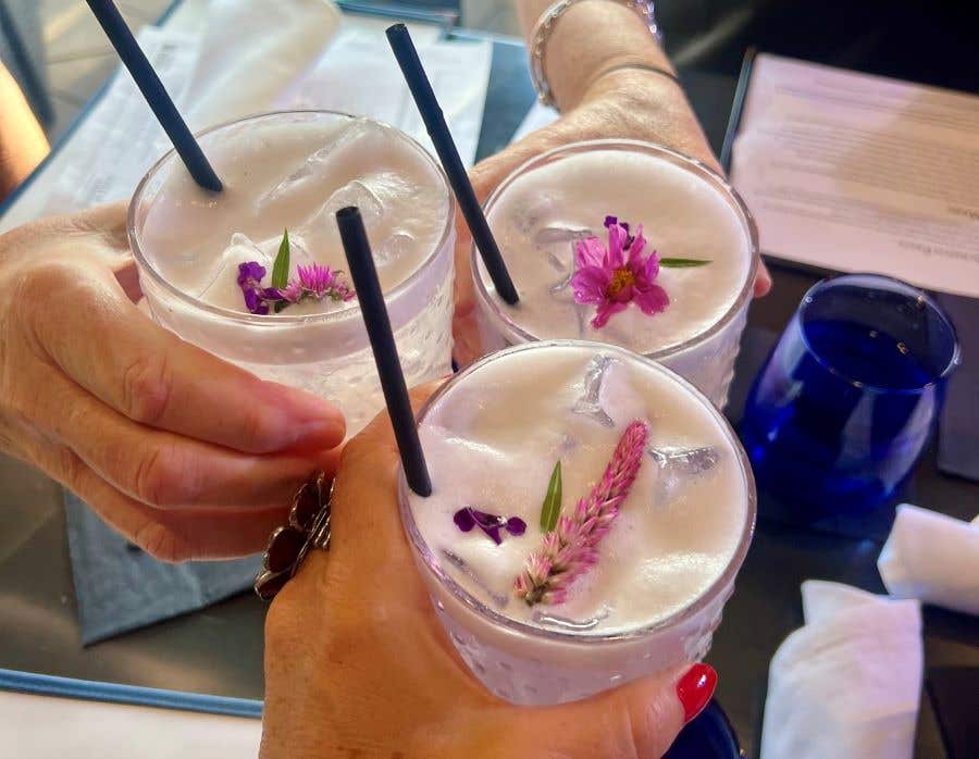 Three hands raising bar glasses to cheers, they're holding Pale pink cocktail with a red flower floating on top as a garnish, on the menu at the Sizzle dining stop at Gather