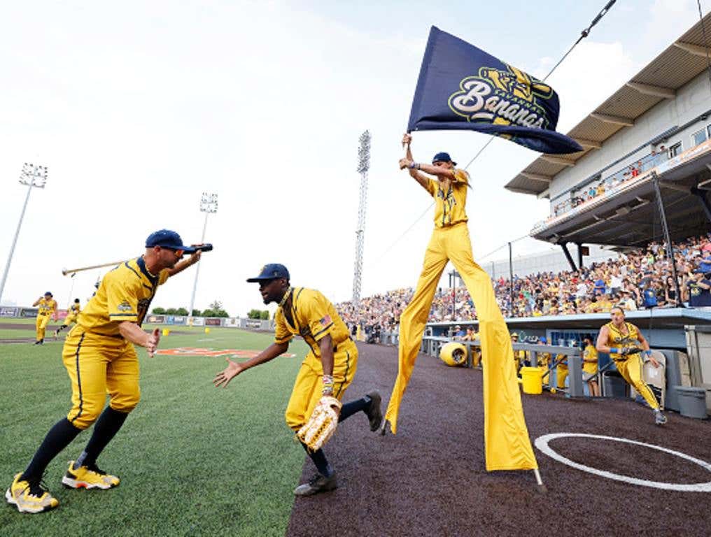 Malachi Mitchell of the Savannah Bananas is introduced before their game against the Party Animals at Richmond County Bank Ball Park on August 12, 2023 in New York City.