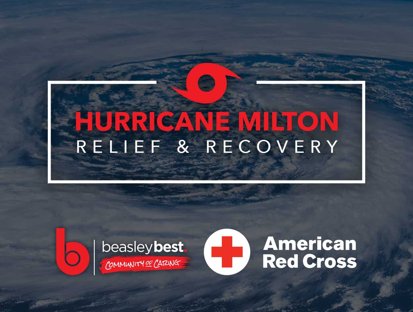 Hurricane Milton relief and Recovery text over a grayed out image of a hurricane