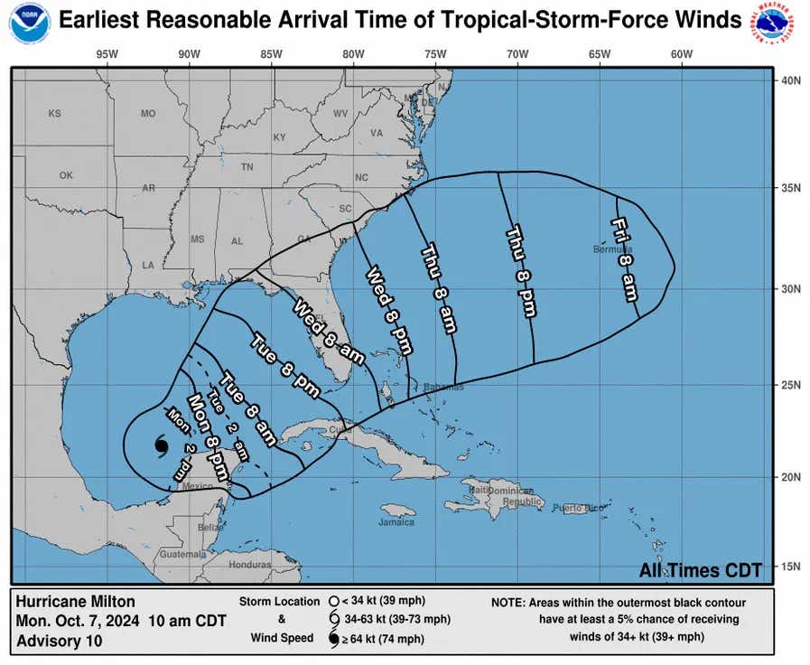 Earliest Reasonable Arrival Time of Tropical-Storm-Force Winds for Hurricane Milton