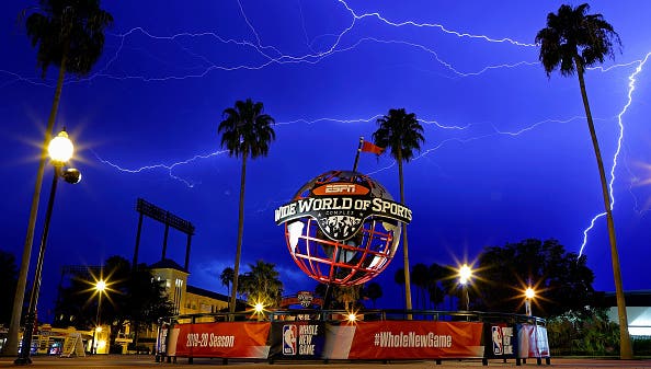 A view of ESPN Wide World Of Sports Complex during a lightning storm following a game