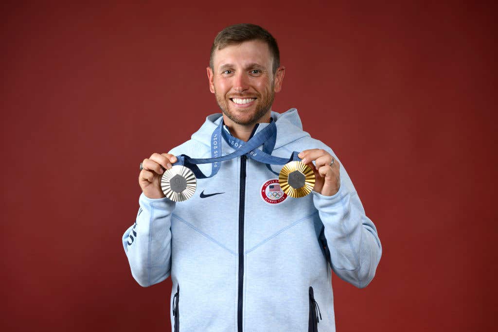 PARIS, FRANCE - AUGUST 06: (BROADCAST-OUT) Olympian Vincent Hancock of Team United States poses on the Today Show Set on August 06, 2024 in Paris, France. (Photo by Kristy Sparow/Getty Images)