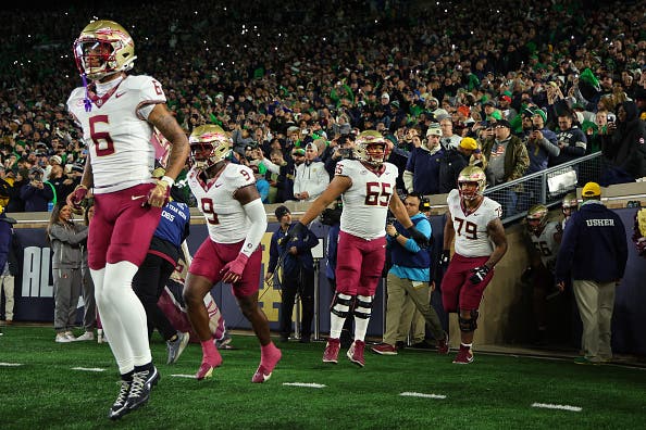 The Florida State Seminoles take the field prior to the game against the Notre Dame Fighting Irish during the first half at Notre Dame Stadium on November 09, 2024