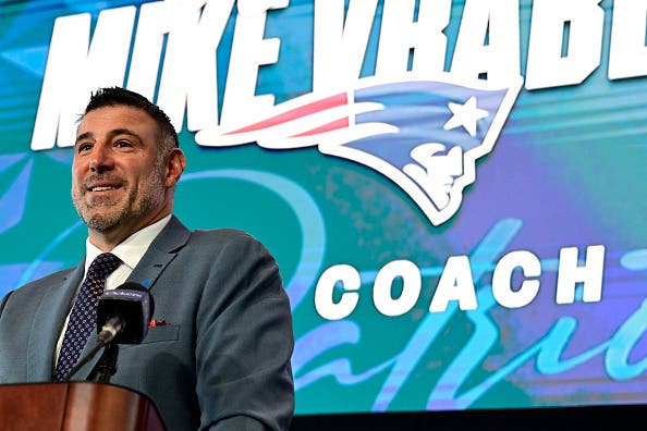 Mike Vrabel speaks as he is introduced as head coach of the New England Patriots