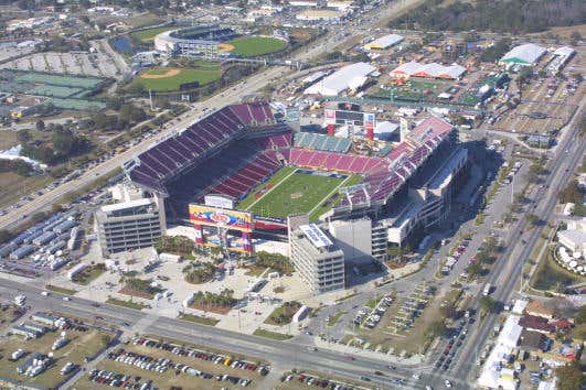 An aerial view from the Monster.com blimp shows Raymond James Stadium, the site of Super Bowl XXXV, in Tampa, Florida.