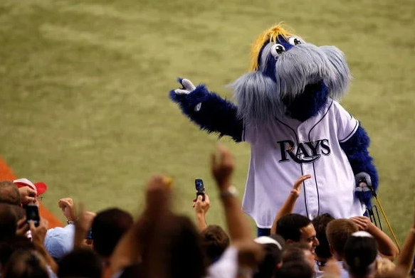 ST PETERSBURG, FL - OCTOBER 22: Raymond, the mascot of the Tampa Bay Rays performs against the Philadelphia Phillies during game one of the 2008 MLB World Series on October 22, 2008 at Tropicana Field in St. Petersburg, Florida. The Phillies won 3-2. (Photo by Jamie Squire/Getty Images)