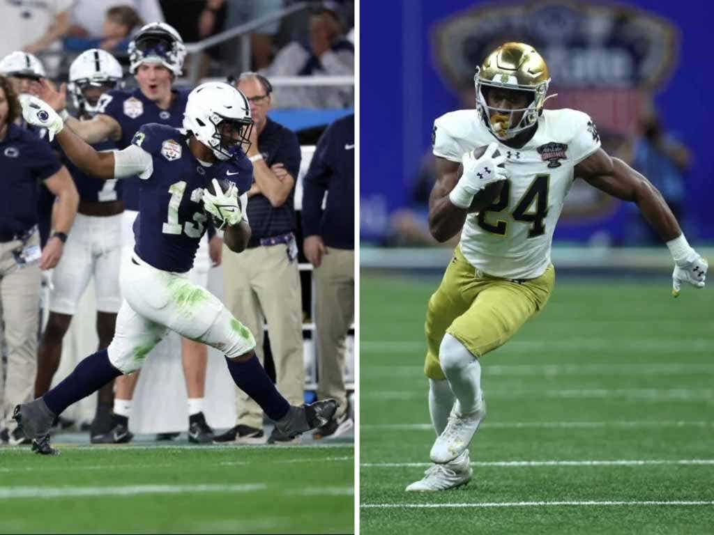 Split screen of running back Kaytron Allen #13 of the Penn State Nittany Lions runs & with Jadarian Price #24 of the Notre Dame Fighting Irish runs with the ball