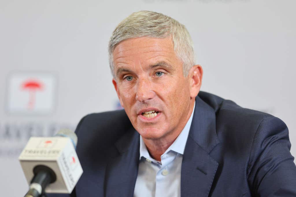 CROMWELL, CONNECTICUT - JUNE 22: PGA Tour Commissioner Jay Monahan addresses the media during a press conference prior to the Travelers Championship at TPC River Highlands on June 22, 2022 in Cromwell, Connecticut