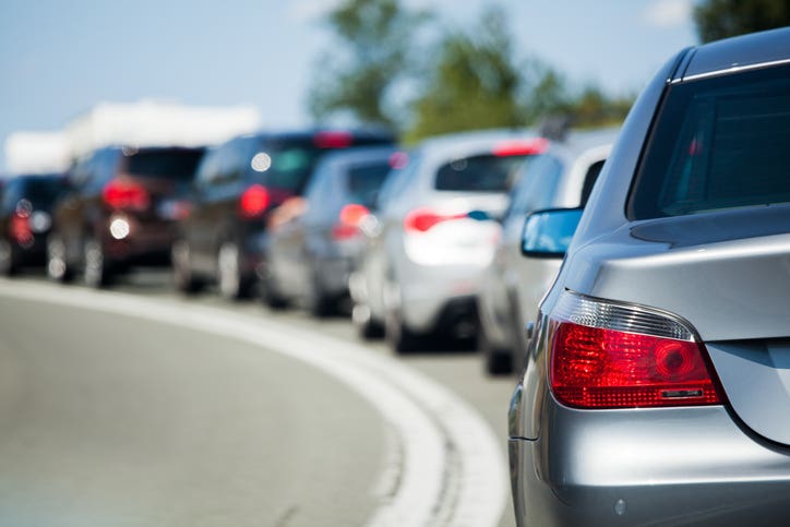 traffic jam with waiting cars in tourist traffic