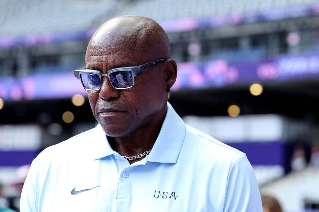 Carl Lewis, Former American Track and Field Athlete looks on during a tour of the Stade de France on day six of the Olympic Games