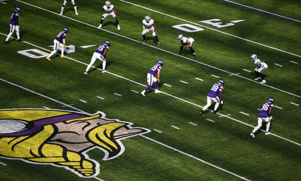 Minnesota Vikings and Las Vegas Raiders players line up for the kickoff in the second half of the preseason game