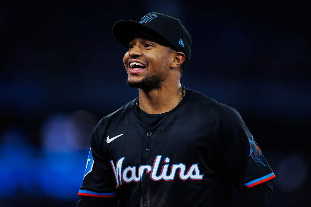 Xavier Edwards #63 of the Miami Marlins runs to the dugout at the end of the eighth inning of their MLB game against the Toronto Blue Jays