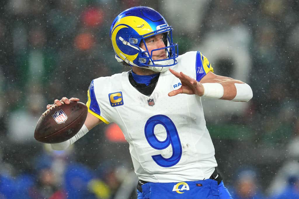 Matthew Stafford #9 of the Los Angeles Rams throws a pass against the Philadelphia Eagles