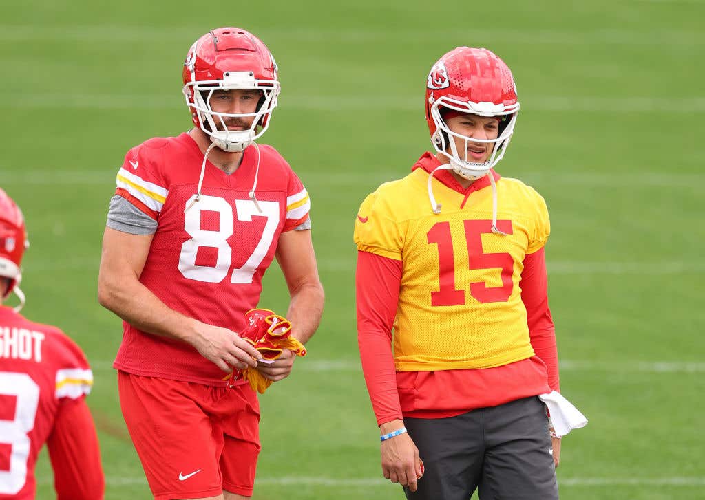 NEW ORLEANS, LOUISIANA - FEBRUARY 06: Patrick Mahomes #15 and Travis Kelce #87 of the Kansas City Chiefs warm up during a practice ahead of Super Bowl LIX at Tulane University’s Yulman Stadium on on February 06, 2025 in New Orleans, Louisiana.