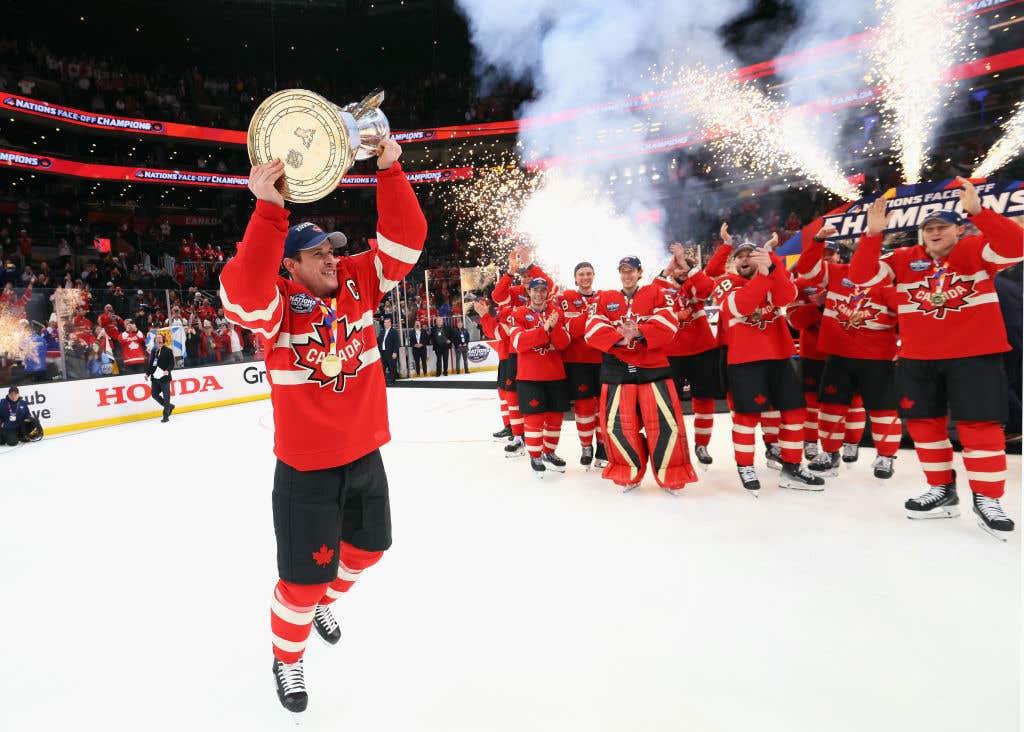 BOSTON, MASSACHUSETTS - FEBRUARY 20: Sidney Crosby #87 of Team Canada celebrates with his teammates after defeating Team United States in overtime to win the NHL 4 Nations Face-Off Championship Game at TD Garden on February 20, 2025 in Boston, Massachusetts.