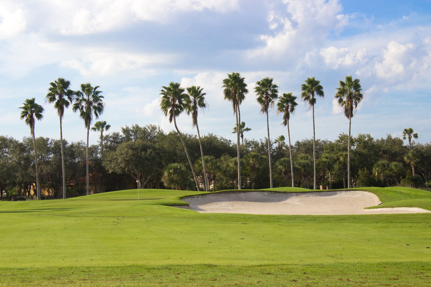 A beautiful golf course with a large sand trap