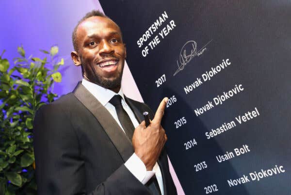 Usain Bolt wearing a black and white suit during the 2017 Laureus World Sports Awards